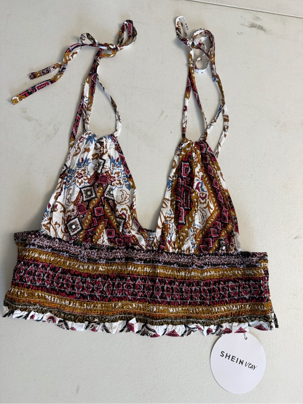 SHEIN White Multi Boho Printed Smocked Halter Crop Top Size XL